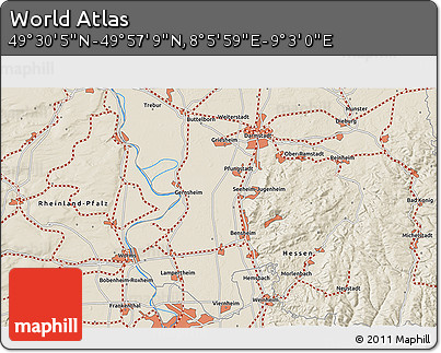 Shaded Relief 3D Map of the Area around 49° 43' 37" N, 8° 34' 29" E