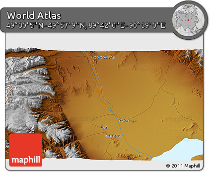 Physical 3D Map of the Area around 49° 43' 37" N, 90° 10' 30" E
