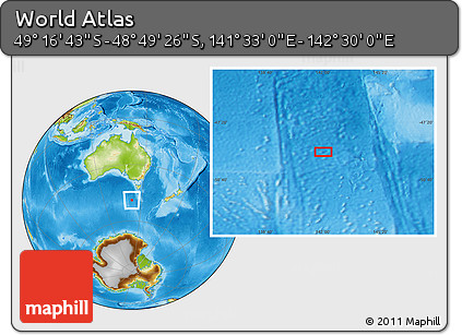Physical Location Map of the Area around 49° 3' 5" S, 142° 1' 30" E