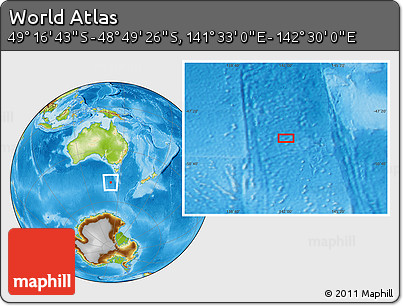 Physical Location Map of the Area around 49° 3' 5" S, 142° 1' 30" E