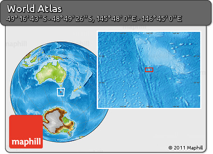 Physical Location Map of the Area around 49° 3' 5" S, 146° 16' 30" E