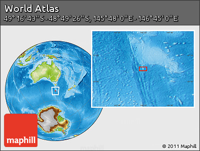 Physical Location Map of the Area around 49° 3' 5" S, 146° 16' 30" E