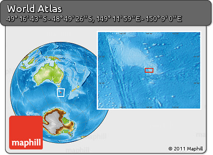 Physical Location Map of the Area around 49° 3' 5" S, 149° 40' 30" E