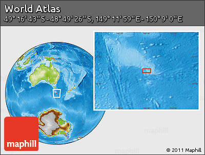 Physical Location Map of the Area around 49° 3' 5" S, 149° 40' 30" E