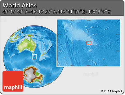 Physical Location Map of the Area around 49° 3' 5" S, 149° 40' 30" E