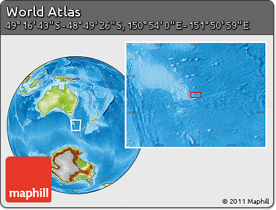 Physical Location Map of the Area around 49° 3' 5" S, 151° 22' 30" E