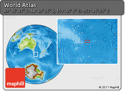 Physical Location Map of the Area around 49° 3' 5" S, 152° 13' 29" E
