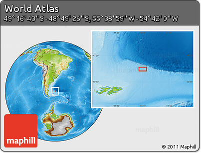 Physical Location Map of the Area around 49° 3' 5" S, 55° 10' 29" W