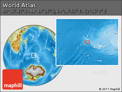 Physical Location Map of the Area around 49° 3' 5" S, 62° 7' 30" E