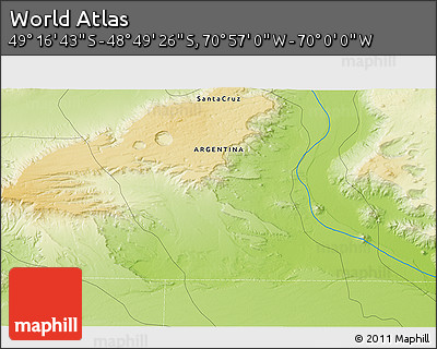 Physical 3D Map of the Area around 49° 3' 5" S, 70° 28' 29" W