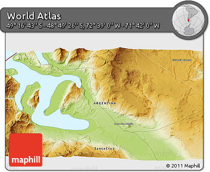 Physical 3D Map of the Area around 49° 3' 5" S, 72° 10' 30" W
