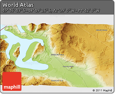 Physical 3D Map of the Area around 49° 3' 5" S, 72° 10' 30" W