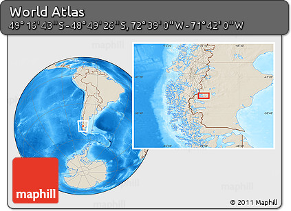 Shaded Relief Location Map of the Area around 49° 3' 5" S, 72° 10' 30" W