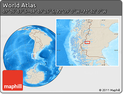 Shaded Relief Location Map of the Area around 49° 3' 5" S, 72° 10' 30" W