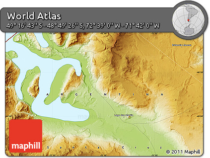 Physical Map of the Area around 49° 3' 5" S, 72° 10' 30" W