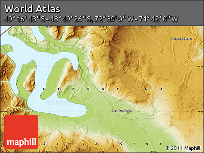 Physical Map of the Area around 49° 3' 5" S, 72° 10' 30" W