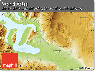 Physical Map of the Area around 49° 3' 5" S, 72° 10' 30" W