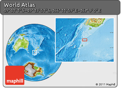 Physical Location Map of the Area around 49° 27' 26" S, 166° 40' 30" E