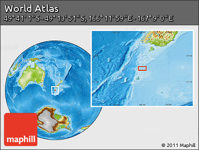 Physical Location Map of the Area around 49° 27' 26" S, 166° 40' 30" E