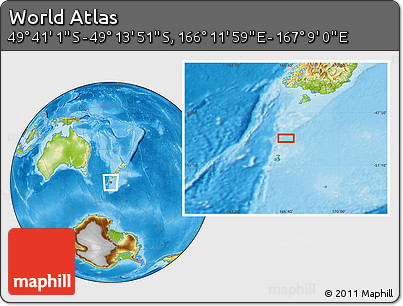 Physical Location Map of the Area around 49° 27' 26" S, 166° 40' 30" E