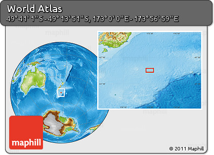 Physical Location Map of the Area around 49° 27' 26" S, 173° 28' 29" E