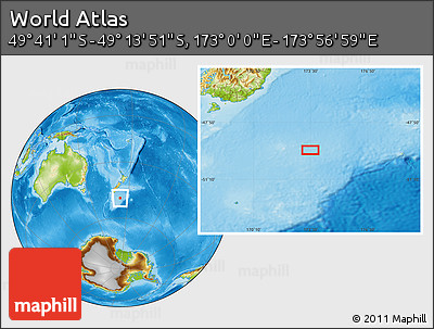 Physical Location Map of the Area around 49° 27' 26" S, 173° 28' 29" E