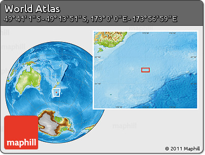 Physical Location Map of the Area around 49° 27' 26" S, 173° 28' 29" E
