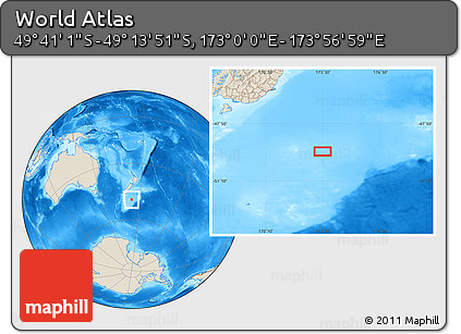 Shaded Relief Location Map of the Area around 49° 27' 26" S, 173° 28' 29" E
