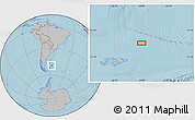Gray Location Map of the area around 49° 27' 26" S, 56° 1' 29" W, hill shading