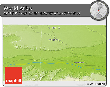 Physical 3D Map of the Area around 49° 27' 26" S, 70° 28' 29" W