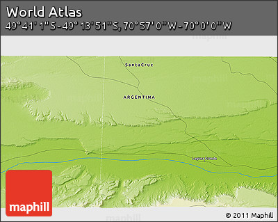 Physical 3D Map of the Area around 49° 27' 26" S, 70° 28' 29" W