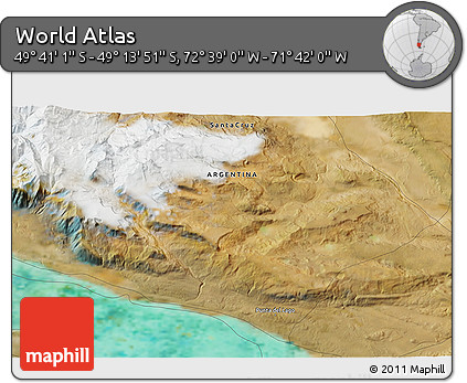 Satellite 3D Map of the Area around 49° 27' 26" S, 72° 10' 30" W