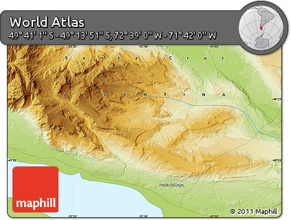 Physical Map of the Area around 49° 27' 26" S, 72° 10' 30" W