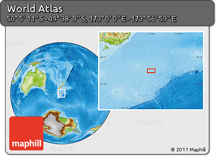Physical Location Map of the Area around 49° 51' 40" S, 173° 28' 29" E