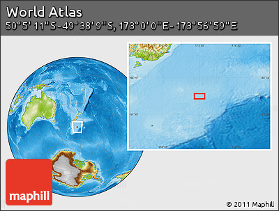 Physical Location Map of the Area around 49° 51' 40" S, 173° 28' 29" E