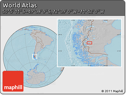 Gray Location Map of the Area around 49° 51' 40" S, 72° 10' 30" W, hill shading