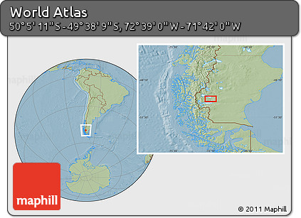 Savanna Style Location Map of the Area around 49° 51' 40" S, 72° 10' 30" W, hill shading