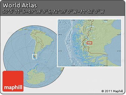 Savanna Style Location Map of the Area around 49° 51' 40" S, 72° 10' 30" W, hill shading