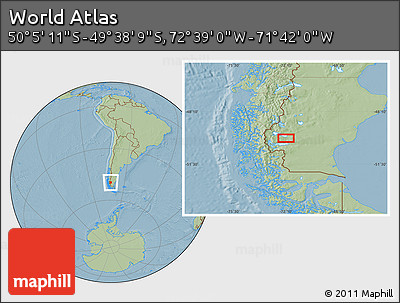 Savanna Style Location Map of the Area around 49° 51' 40" S, 72° 10' 30" W, hill shading