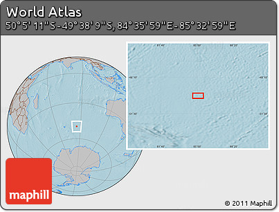Gray Location Map of the Area around 49° 51' 40" S, 85° 4' 29" E, hill shading