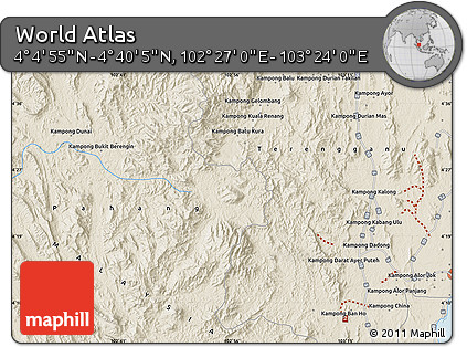 Shaded Relief Map of the Area around 4° 22' 30" N, 102° 55' 30" E