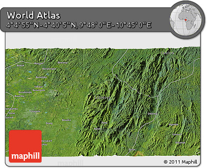 Satellite 3D Map of the Area around 4° 22' 30" N, 10° 16' 30" E