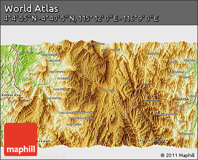 Physical 3D Map of the Area around 4° 22' 30" N, 115° 40' 30" E