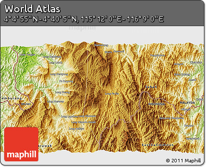 Physical 3D Map of the Area around 4° 22' 30" N, 115° 40' 30" E