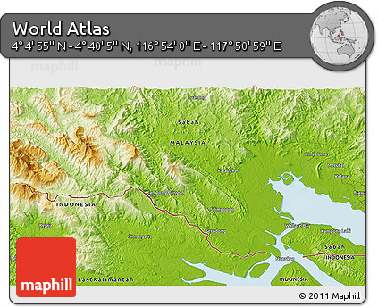 Physical 3D Map of the Area around 4° 22' 30" N, 117° 22' 30" E