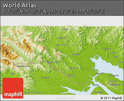 Physical 3D Map of the Area around 4° 22' 30" N, 117° 22' 30" E