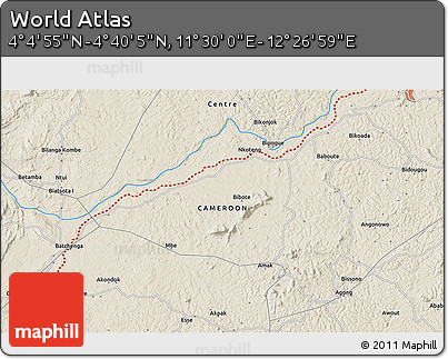 Shaded Relief 3D Map of the Area around 4° 22' 30" N, 11° 58' 29" E