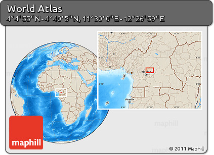 Shaded Relief Location Map of the Area around 4° 22' 30" N, 11° 58' 29" E