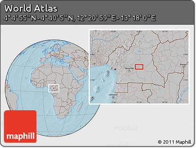 Gray Location Map of the Area around 4° 22' 30" N, 12° 49' 29" E, hill shading