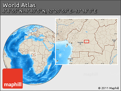 Shaded Relief Location Map of the Area around 4° 22' 30" N, 12° 49' 29" E
